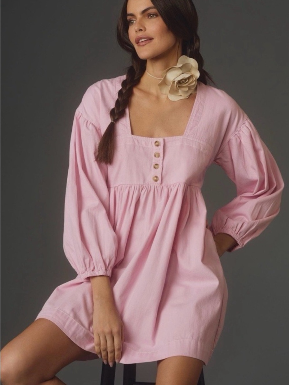 Anthropologie Pink Square-Neck Babydoll Mini Dress with Button Placket